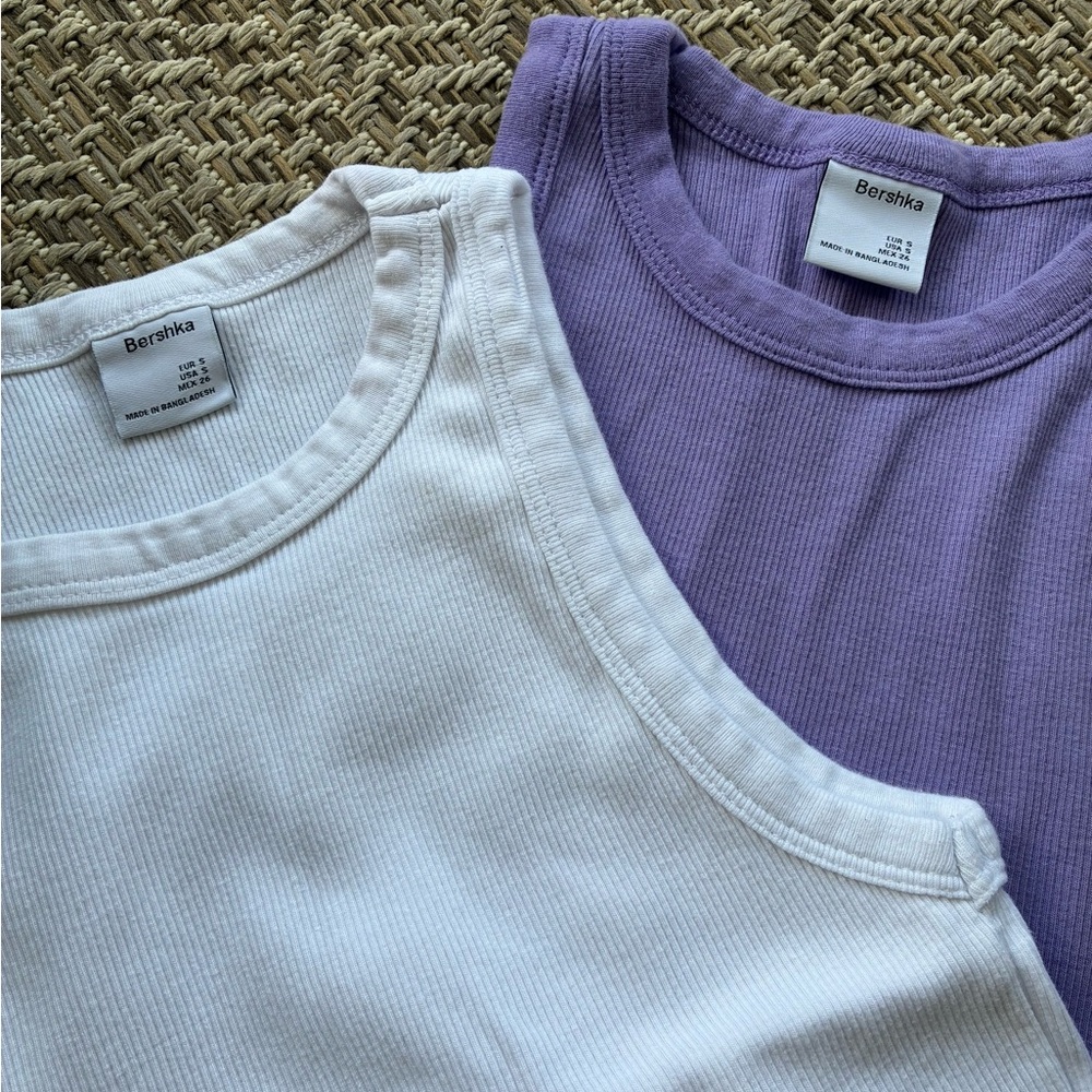 Bershka White, Purple Cropped Tee Tank Top Small Set of 2